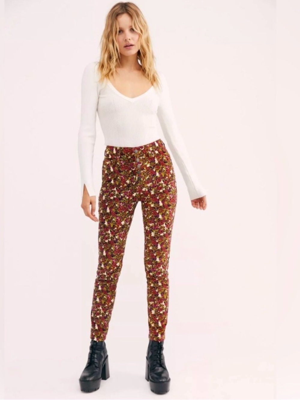 Free People We The Free Sun Casher 70’s Floral Print Skinny Corduroys Sz 28